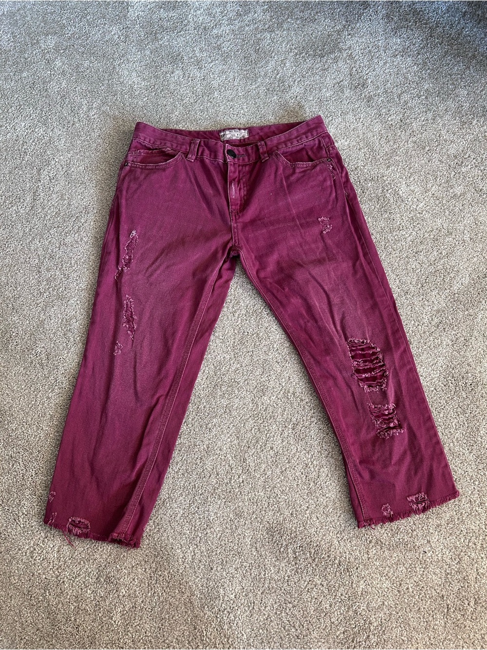 Free People Burgundy Distressed Crop Jeans Raw Hem Boho Denim Boho Festival